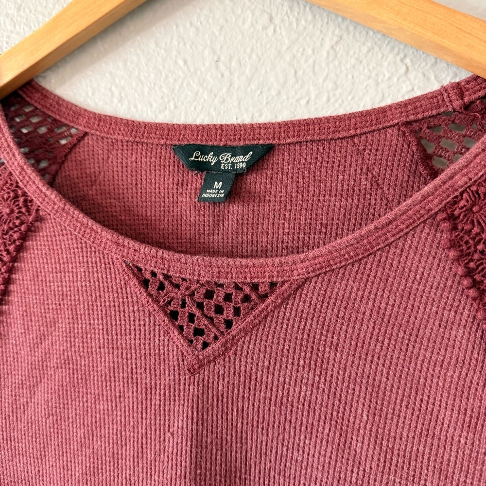 Lucky Brand Burgundy Red Boho Cotton Crochet Knit Long Sleeve Top Women's Medium - Picture 2 of 7